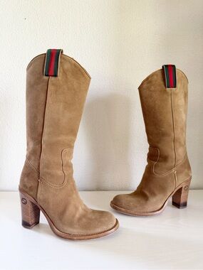 Gucci Western Boots Tan Suede Web Stripe GG Logo Heel EU 35.5 US 5.5